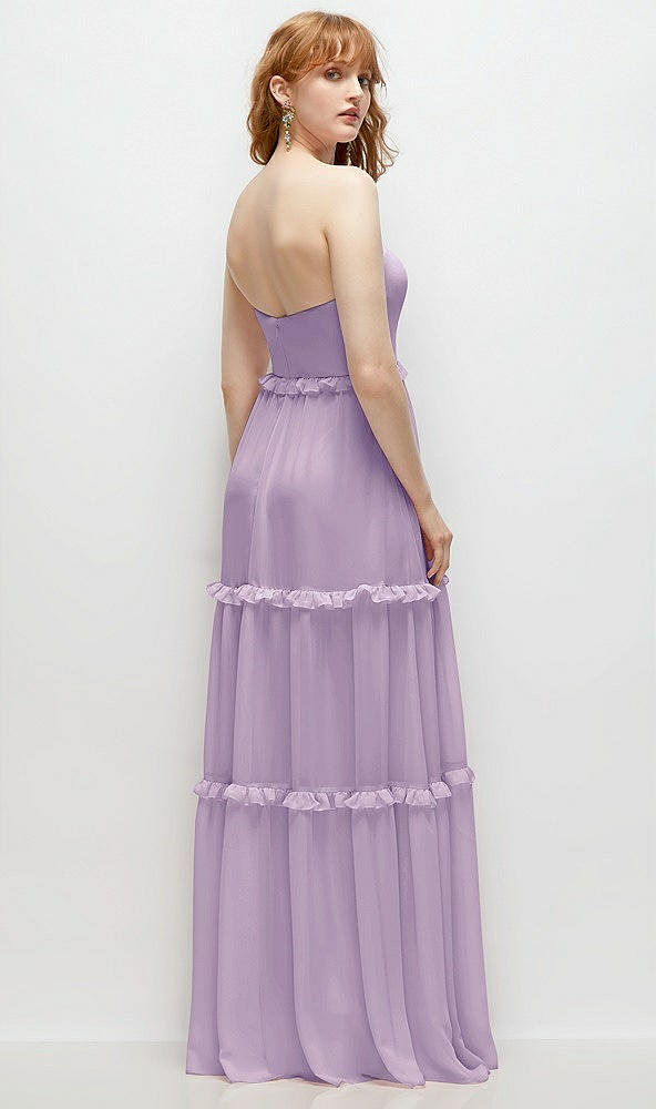 Back View - Pale Purple Strapless Chiffon Maxi Dress with Tiered Micro Ruffle Full Skirt