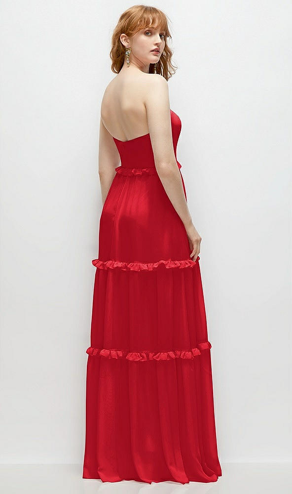 Back View - Parisian Red Strapless Chiffon Maxi Dress with Tiered Micro Ruffle Full Skirt