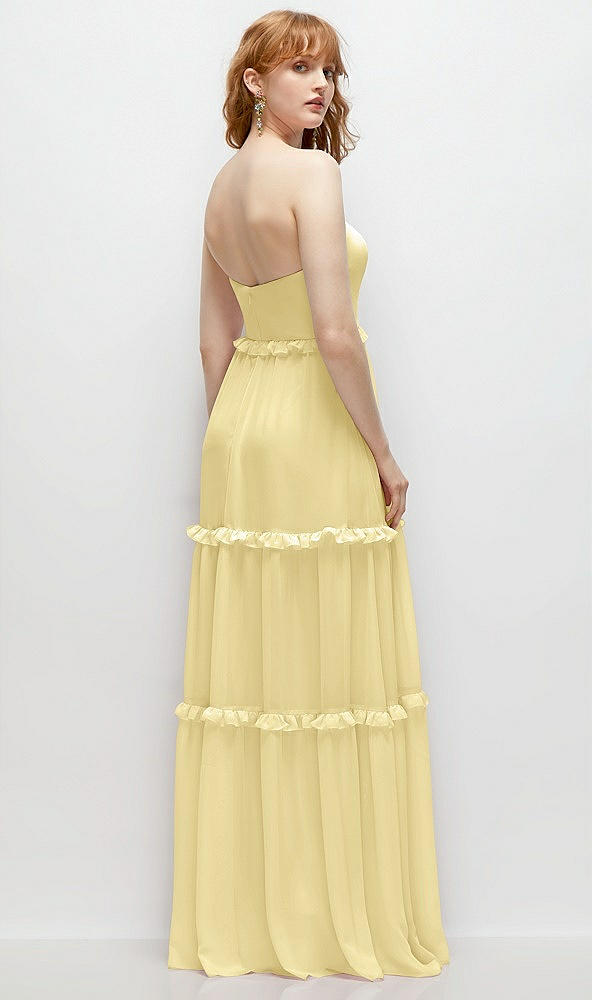 Back View - Pale Yellow Strapless Chiffon Maxi Dress with Tiered Micro Ruffle Full Skirt