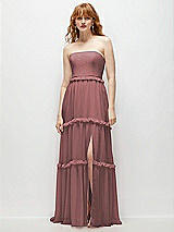 Front View Thumbnail - Rosewood Strapless Chiffon Maxi Dress with Tiered Micro Ruffle Full Skirt