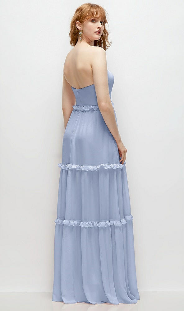 Back View - Sky Blue Strapless Chiffon Maxi Dress with Tiered Micro Ruffle Full Skirt