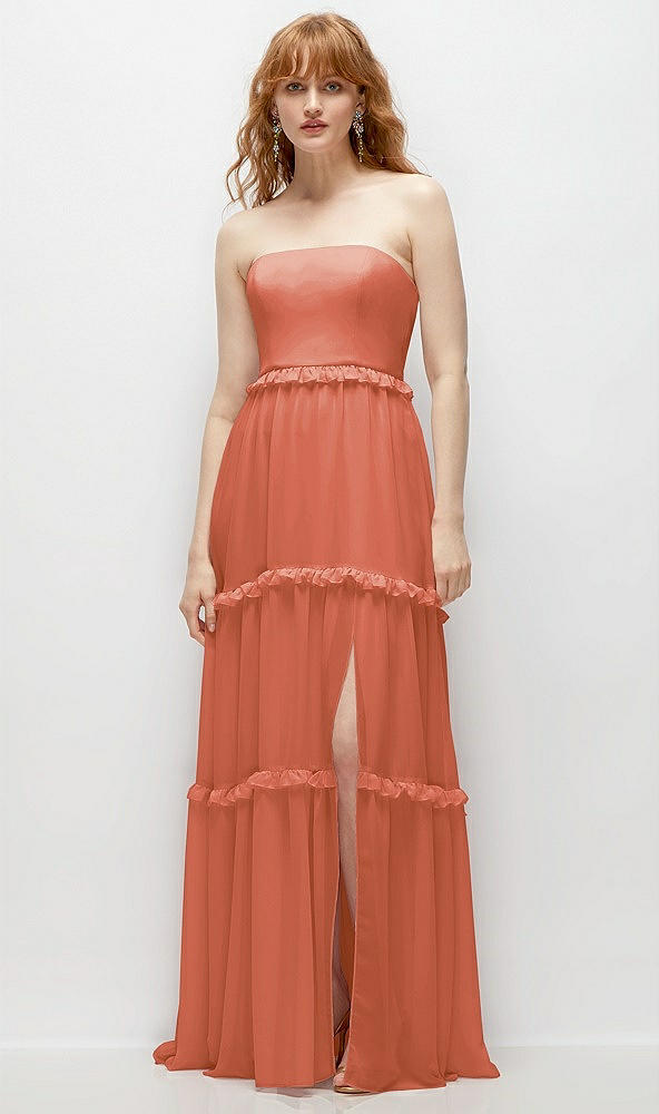 Front View - Terracotta Copper Strapless Chiffon Maxi Dress with Tiered Micro Ruffle Full Skirt