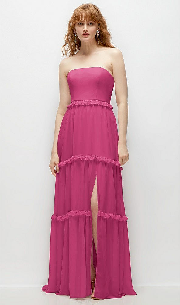 Front View - Tea Rose Strapless Chiffon Maxi Dress with Tiered Micro Ruffle Full Skirt