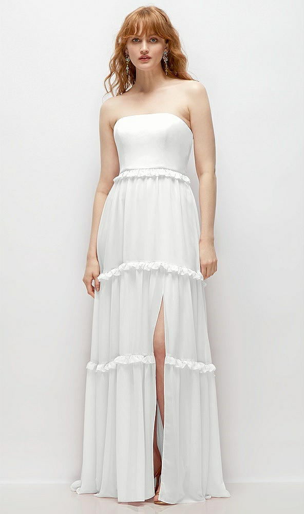 Front View - White Strapless Chiffon Maxi Dress with Tiered Micro Ruffle Full Skirt