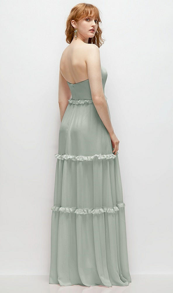 Back View - Willow Green Strapless Chiffon Maxi Dress with Tiered Micro Ruffle Full Skirt