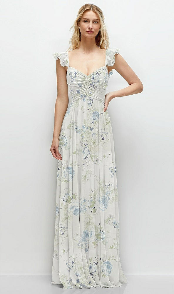 Front View - Bleu Garden Convertible Ruffle Strap Chiffon Maxi Dress with Full Circle Skirt