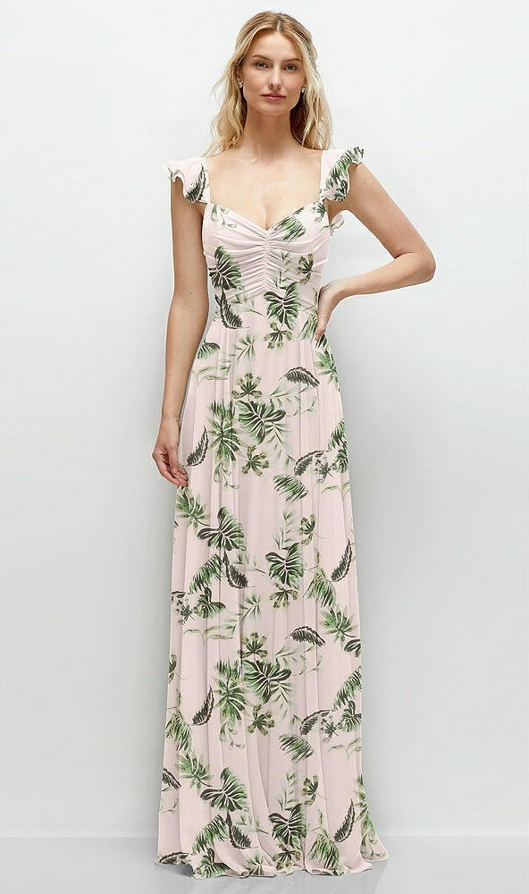 Front View - Palm Beach Print Convertible Ruffle Strap Chiffon Maxi Dress with Full Circle Skirt