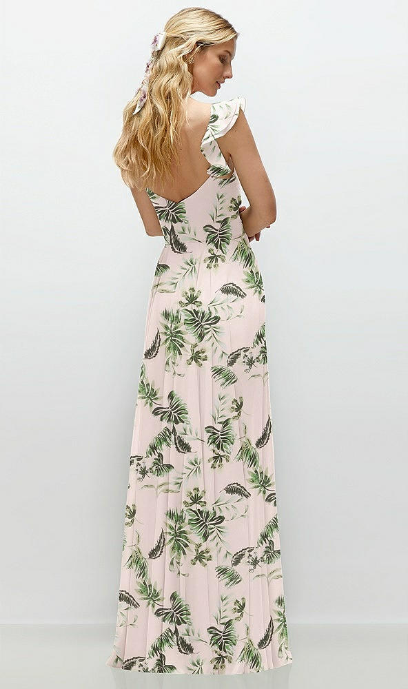 Back View - Palm Beach Print Convertible Ruffle Strap Chiffon Maxi Dress with Full Circle Skirt