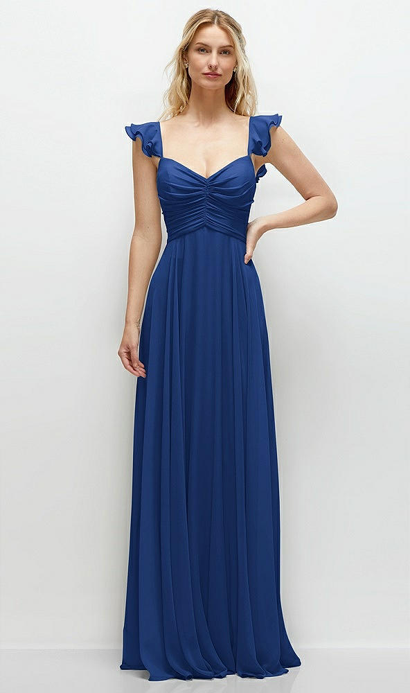 Front View - Classic Blue Convertible Ruffle Strap Chiffon Maxi Dress with Full Circle Skirt