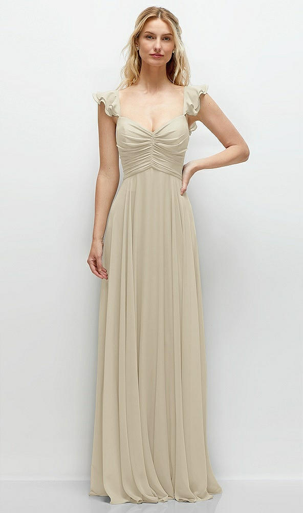 Front View - Champagne Convertible Ruffle Strap Chiffon Maxi Dress with Full Circle Skirt