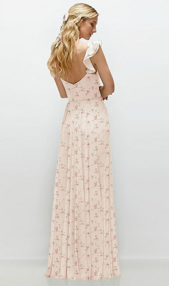 Back View - Coquette Floral Print Convertible Ruffle Strap Chiffon Maxi Dress with Full Circle Skirt