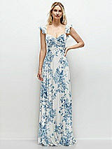 Front View Thumbnail - Cottage Rose Dusk Blue Convertible Ruffle Strap Chiffon Maxi Dress with Full Circle Skirt