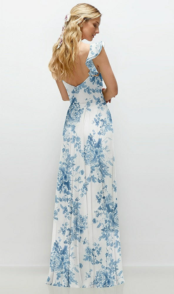 Back View - Cottage Rose Dusk Blue Convertible Ruffle Strap Chiffon Maxi Dress with Full Circle Skirt