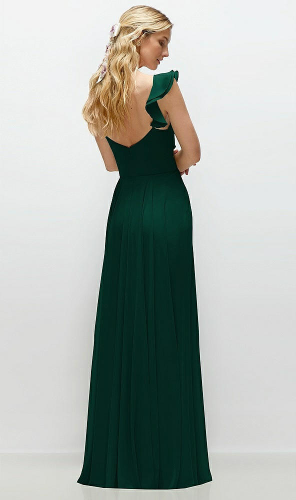 Back View - Hunter Green Convertible Ruffle Strap Chiffon Maxi Dress with Full Circle Skirt