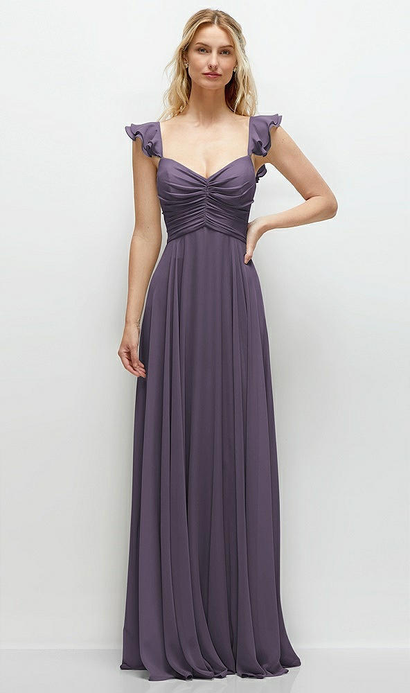 Front View - Lavender Convertible Ruffle Strap Chiffon Maxi Dress with Full Circle Skirt