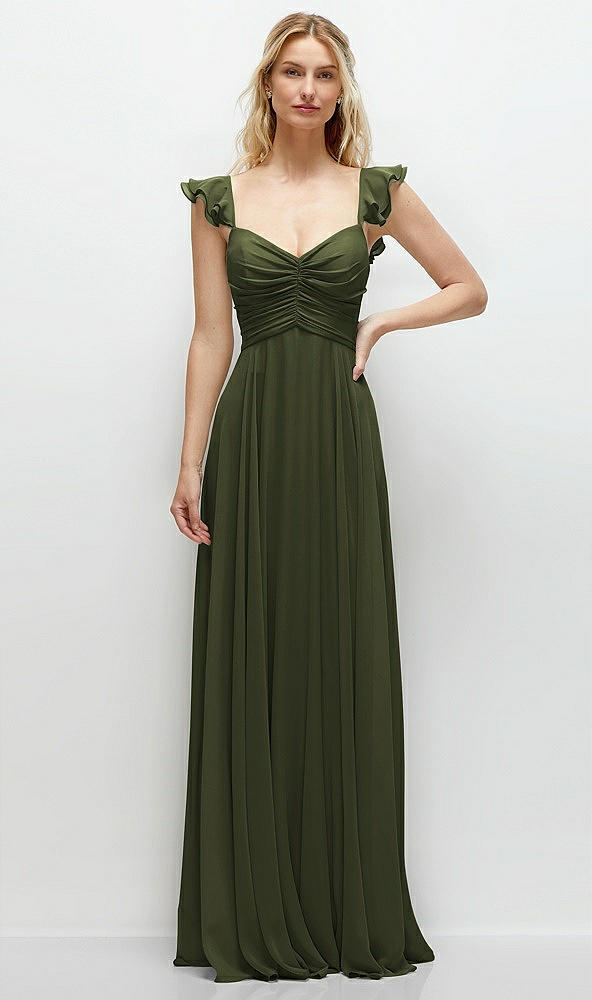 Front View - Olive Green Convertible Ruffle Strap Chiffon Maxi Dress with Full Circle Skirt