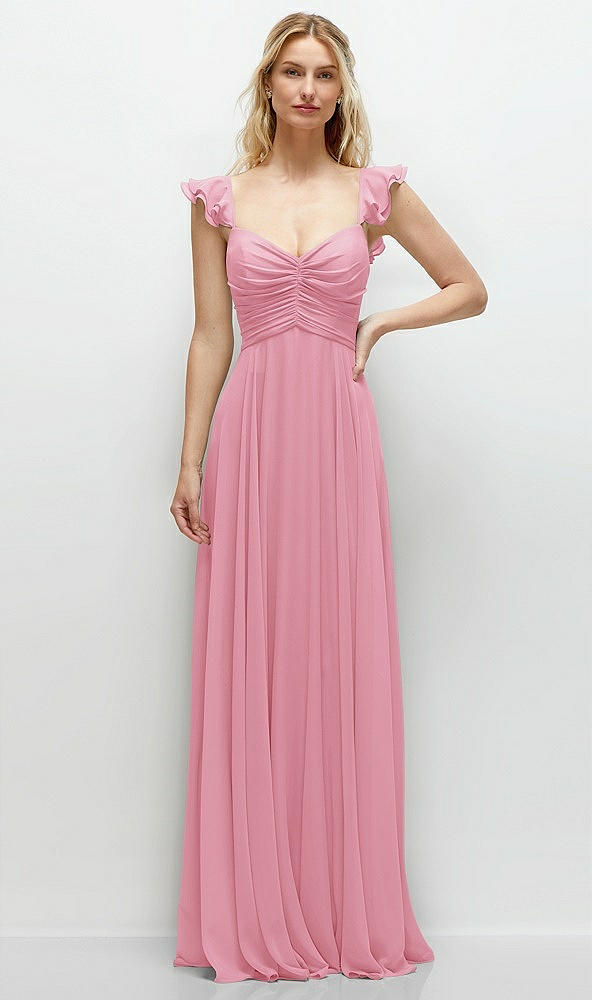 Front View - Peony Pink Convertible Ruffle Strap Chiffon Maxi Dress with Full Circle Skirt