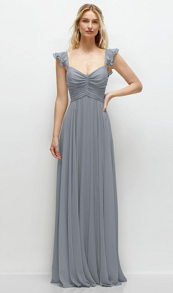 Front View - Platinum Convertible Ruffle Strap Chiffon Maxi Dress with Full Circle Skirt