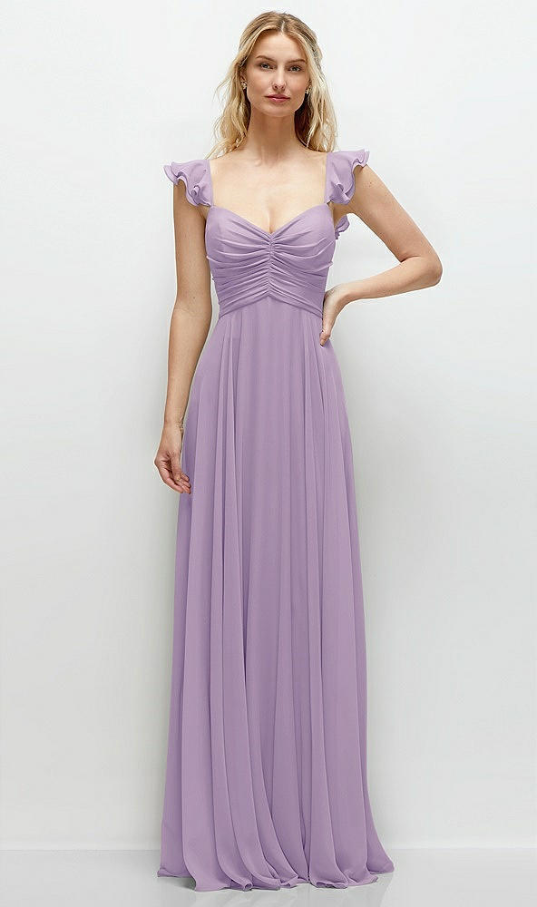 Front View - Pale Purple Convertible Ruffle Strap Chiffon Maxi Dress with Full Circle Skirt