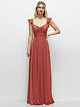 Front View Thumbnail - Coral Pink Convertible Ruffle Strap Chiffon Maxi Dress with Full Circle Skirt