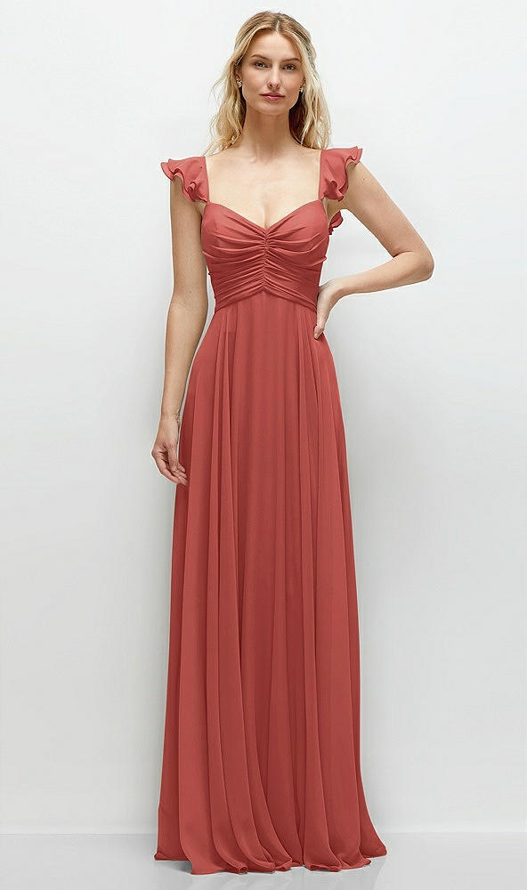 Front View - Coral Pink Convertible Ruffle Strap Chiffon Maxi Dress with Full Circle Skirt