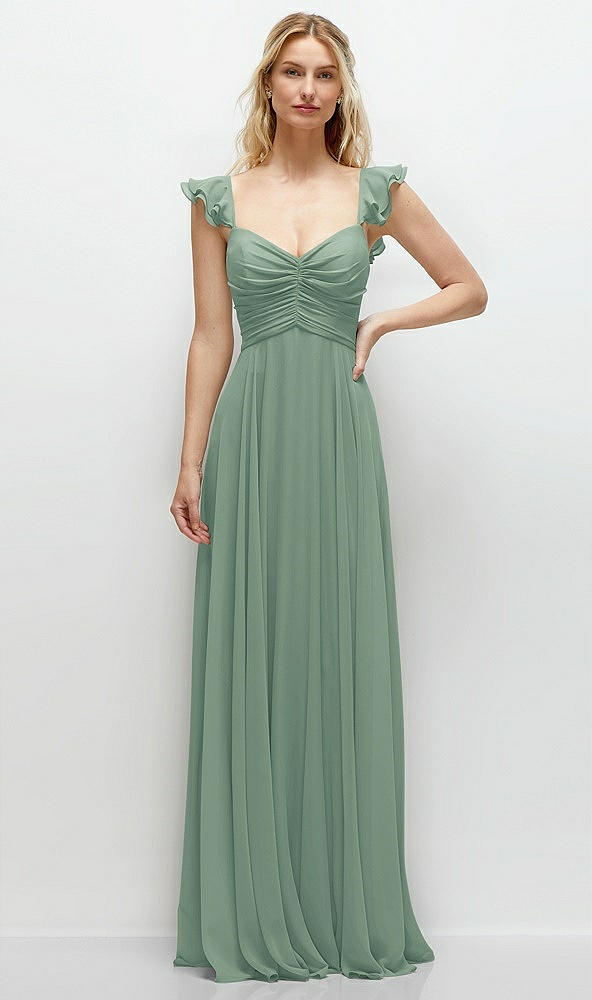 Front View - Seagrass Convertible Ruffle Strap Chiffon Maxi Dress with Full Circle Skirt