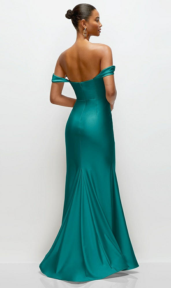 Back View - Peacock Teal Cowl Neck Off-the-Shoulder Stretch Satin Fit and Flare Corset Maxi Dress