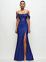 Front View Thumbnail - Cobalt Blue Cowl Neck Off-the-Shoulder Stretch Satin Fit and Flare Corset Maxi Dress