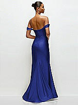 Rear View Thumbnail - Cobalt Blue Cowl Neck Off-the-Shoulder Stretch Satin Fit and Flare Corset Maxi Dress