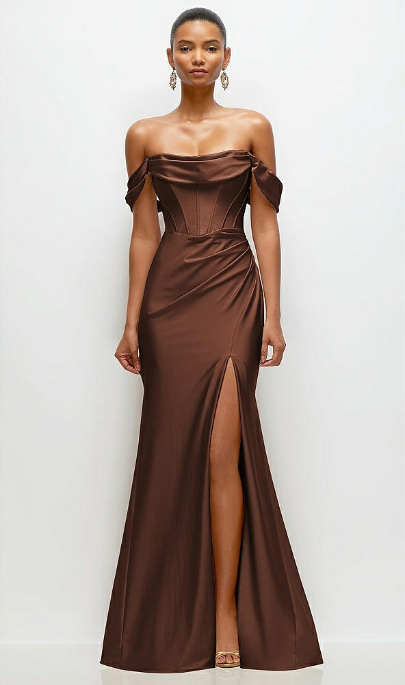 Front View - Cognac Cowl Neck Off-the-Shoulder Stretch Satin Fit and Flare Corset Maxi Dress