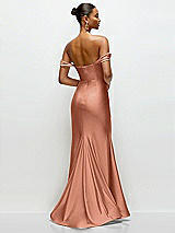 Rear View Thumbnail - Copper Penny Cowl Neck Off-the-Shoulder Stretch Satin Fit and Flare Corset Maxi Dress