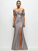 Front View Thumbnail - Cashmere Gray Cowl Neck Off-the-Shoulder Stretch Satin Fit and Flare Corset Maxi Dress