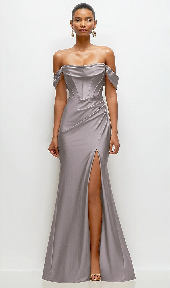 Front View - Cashmere Gray Cowl Neck Off-the-Shoulder Stretch Satin Fit and Flare Corset Maxi Dress