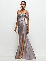 Side View Thumbnail - Cashmere Gray Cowl Neck Off-the-Shoulder Stretch Satin Fit and Flare Corset Maxi Dress