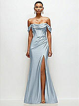 Front View Thumbnail - Mist Cowl Neck Off-the-Shoulder Stretch Satin Fit and Flare Corset Maxi Dress