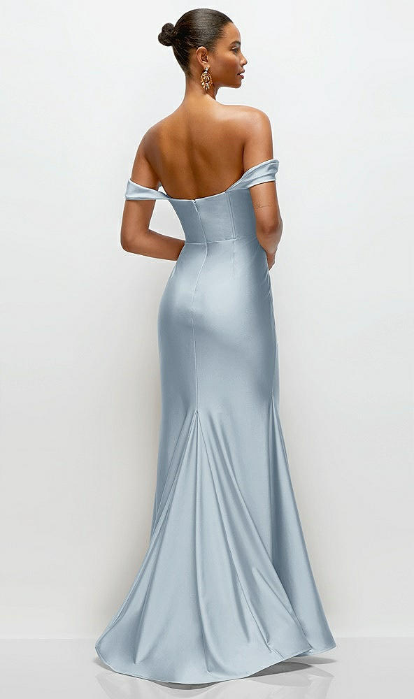 Back View - Mist Cowl Neck Off-the-Shoulder Stretch Satin Fit and Flare Corset Maxi Dress