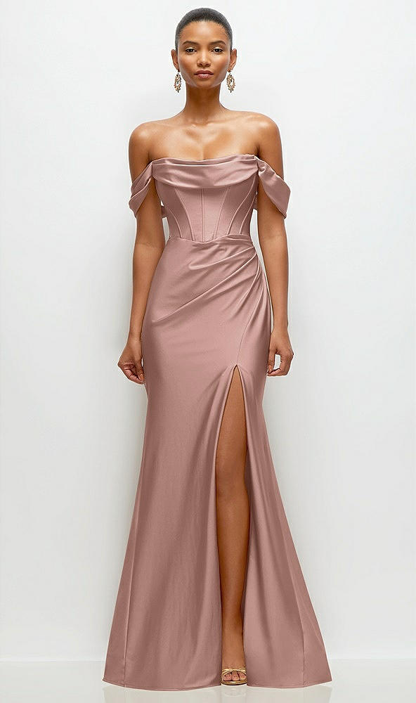 Front View - Neu Nude Cowl Neck Off-the-Shoulder Stretch Satin Fit and Flare Corset Maxi Dress