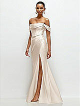 Side View Thumbnail - Oat Cowl Neck Off-the-Shoulder Stretch Satin Fit and Flare Corset Maxi Dress