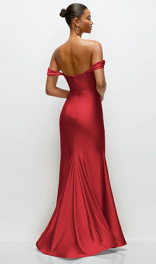 Back View - Poppy Red Cowl Neck Off-the-Shoulder Stretch Satin Fit and Flare Corset Maxi Dress