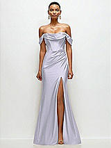 Front View Thumbnail - Silver Dove Cowl Neck Off-the-Shoulder Stretch Satin Fit and Flare Corset Maxi Dress