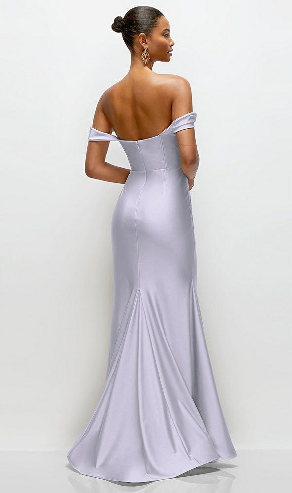 Back View - Silver Dove Cowl Neck Off-the-Shoulder Stretch Satin Fit and Flare Corset Maxi Dress