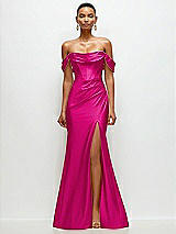 Front View Thumbnail - Think Pink Cowl Neck Off-the-Shoulder Stretch Satin Fit and Flare Corset Maxi Dress