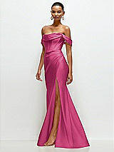 Side View Thumbnail - Tea Rose Cowl Neck Off-the-Shoulder Stretch Satin Fit and Flare Corset Maxi Dress