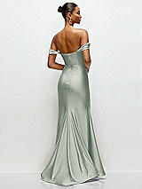 Rear View Thumbnail - Willow Green Cowl Neck Off-the-Shoulder Stretch Satin Fit and Flare Corset Maxi Dress