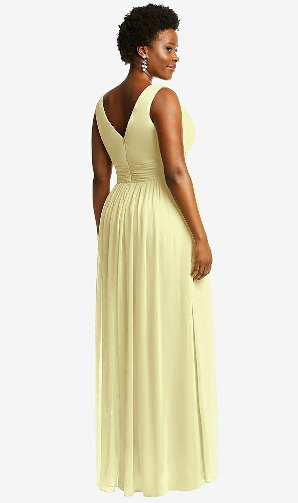 Back View - Butter Yellow Sleeveless Draped Chiffon Maxi Dress with Front Slit