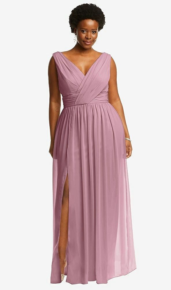 Front View - Dusty Pink Sleeveless Draped Chiffon Maxi Dress with Front Slit