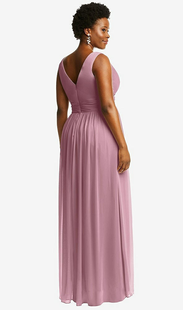 Back View - Dusty Pink Sleeveless Draped Chiffon Maxi Dress with Front Slit