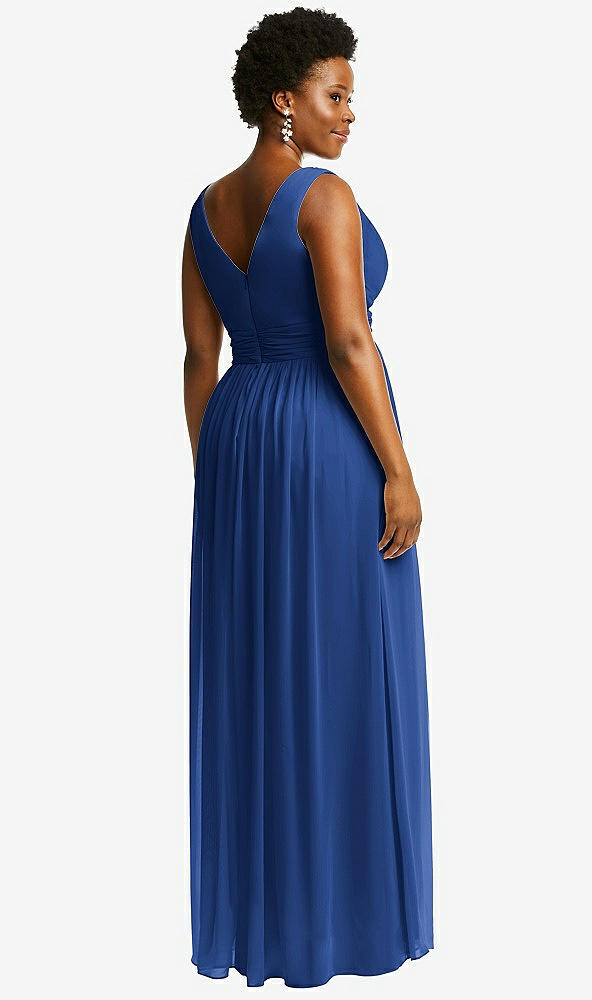 Back View - Classic Blue Sleeveless Draped Chiffon Maxi Dress with Front Slit