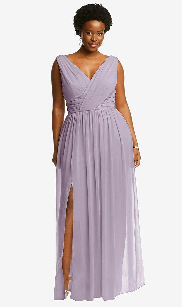 Front View - Lilac Haze Sleeveless Draped Chiffon Maxi Dress with Front Slit