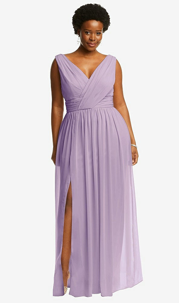 Front View - Pale Purple Sleeveless Draped Chiffon Maxi Dress with Front Slit